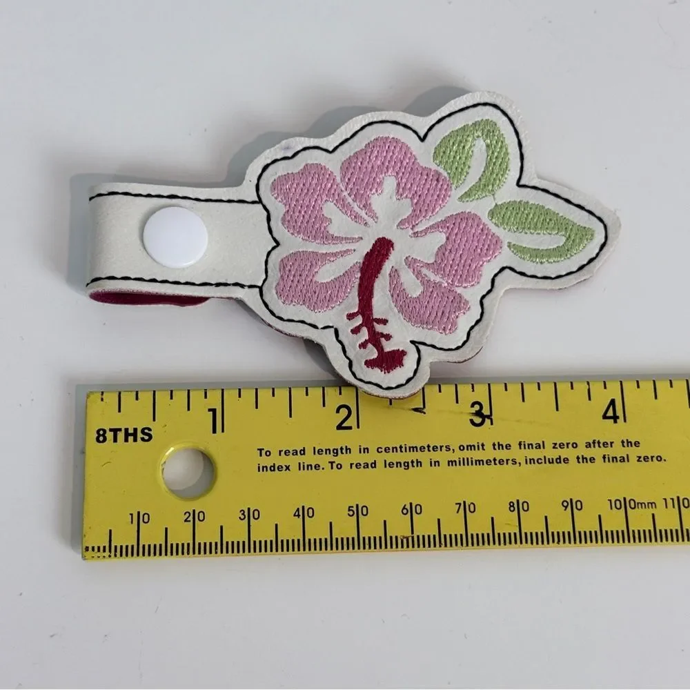 Pink Hibiscus Flower Embroidered Snap Tab Key Fob
